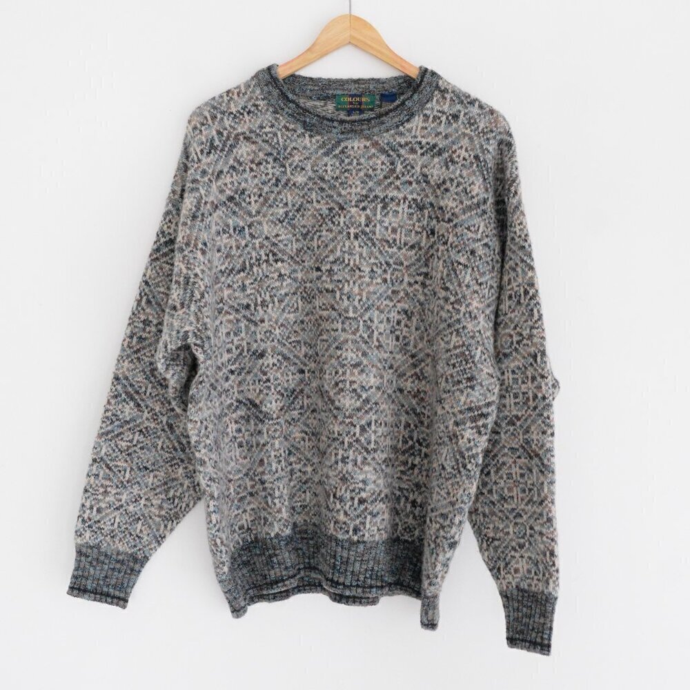VTG Colors By Alexander Julian Teal Gray Knit Eclectic Grandpa 75% Wool Sweater